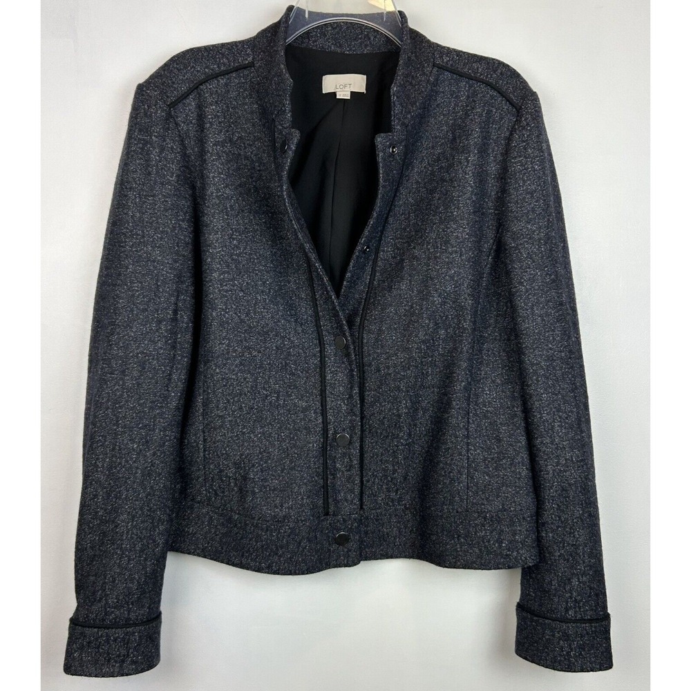 Loft Suit Jacket Womens 12 Navy Wool Blend Mandarin Collar Snap